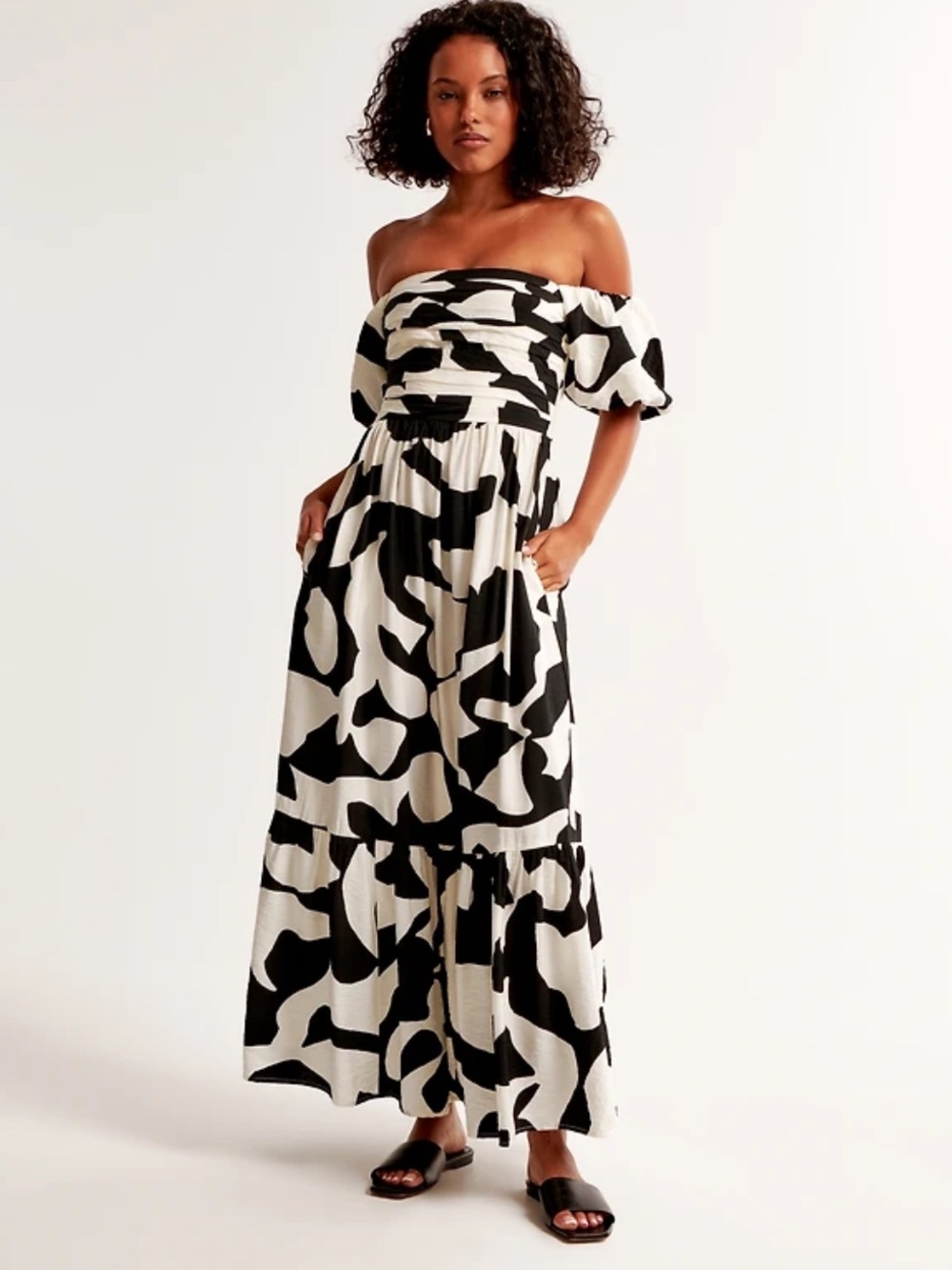 Abercrombie & Fitch, Emerson Black and White Ruched Off-Shoulder Maxi Dress